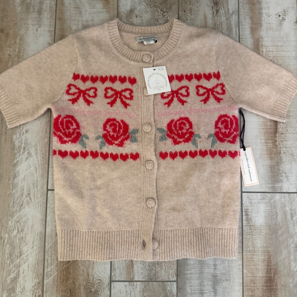 Cupcakes and Cashmere Womens XS Beige Red Rose Bow Heart Short Sleeve Cardigan
